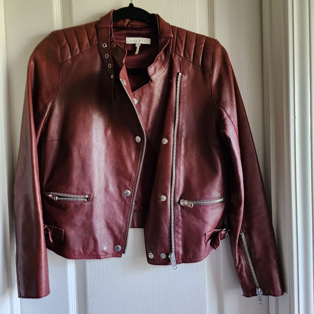 Sandro Burgundy Leather Biker Jacket